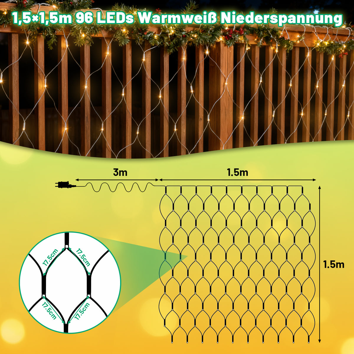 Randaco LED Netzleuchten außen 8 Lichtmodi mit Speicherfunktion 200 / 300 LEDs warmweiß mehrfarbig Festdekoration Lichternetz