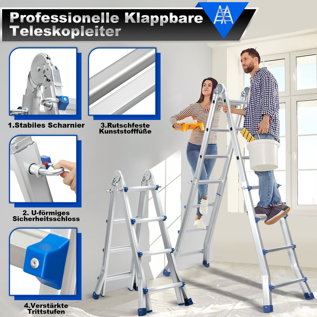 Randaco Teleskopleiter Aluminium Multifunktionsleiter 3 in 1 rutschfeste ausziehbare Mehrzweck‑Klappleiter bis 150 kg belastbar