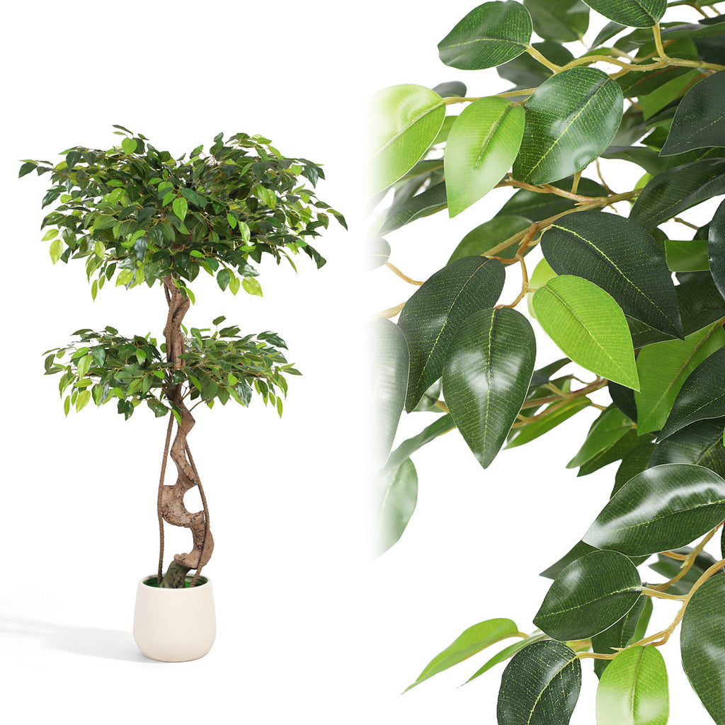 Randaco Künstlicher zweistufiger Ficus‑Baum mit weißem Topf dekorative Zimmerbegrünung für Innenräume 120 cm/150 cm