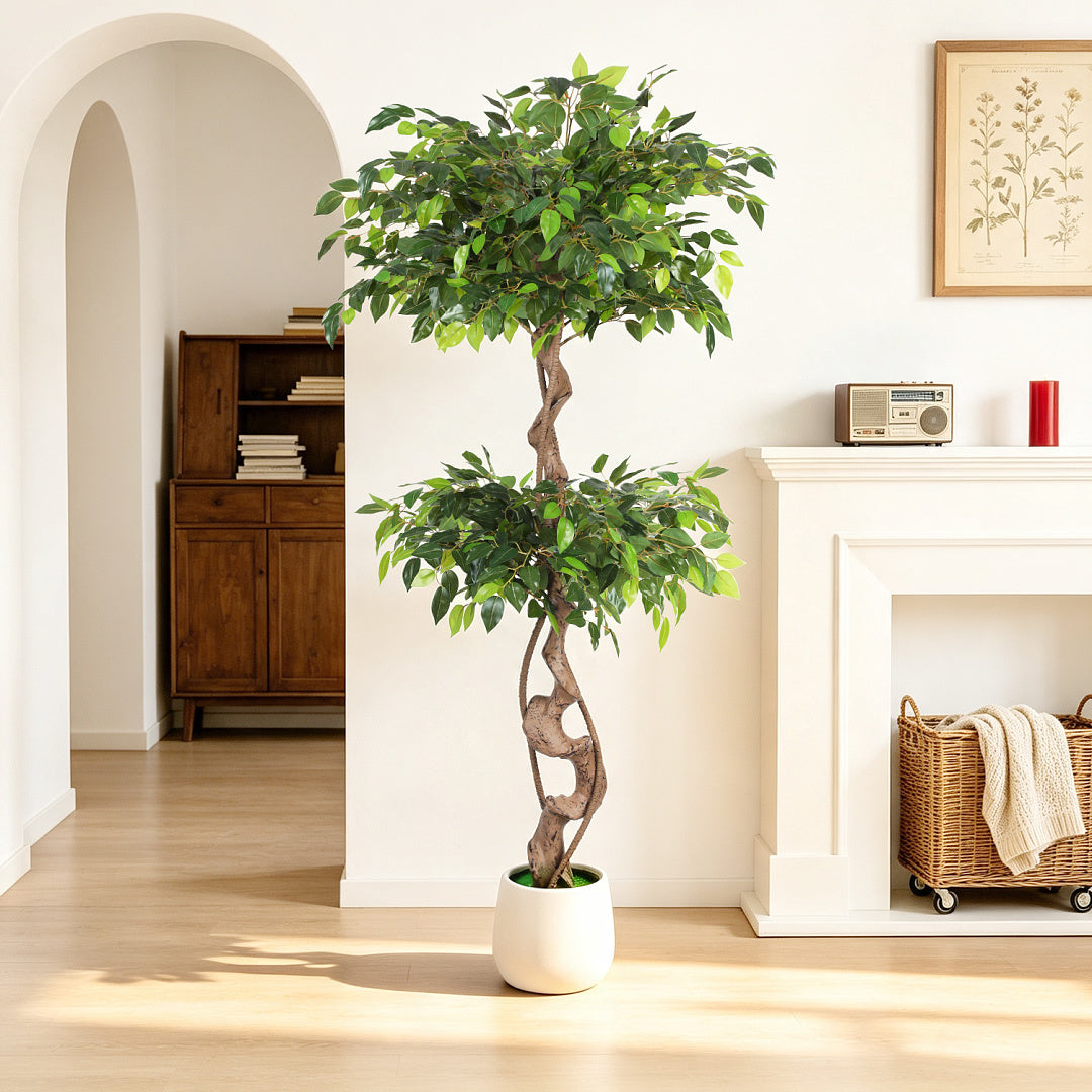 Randaco Künstlicher zweistufiger Ficus‑Baum mit weißem Topf dekorative Zimmerbegrünung für Innenräume 120 cm/150 cm