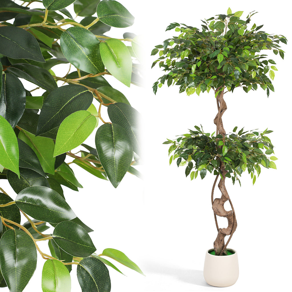Randaco Künstlicher zweistufiger Ficus‑Baum mit weißem Topf dekorative Zimmerbegrünung für Innenräume 120 cm/150 cm
