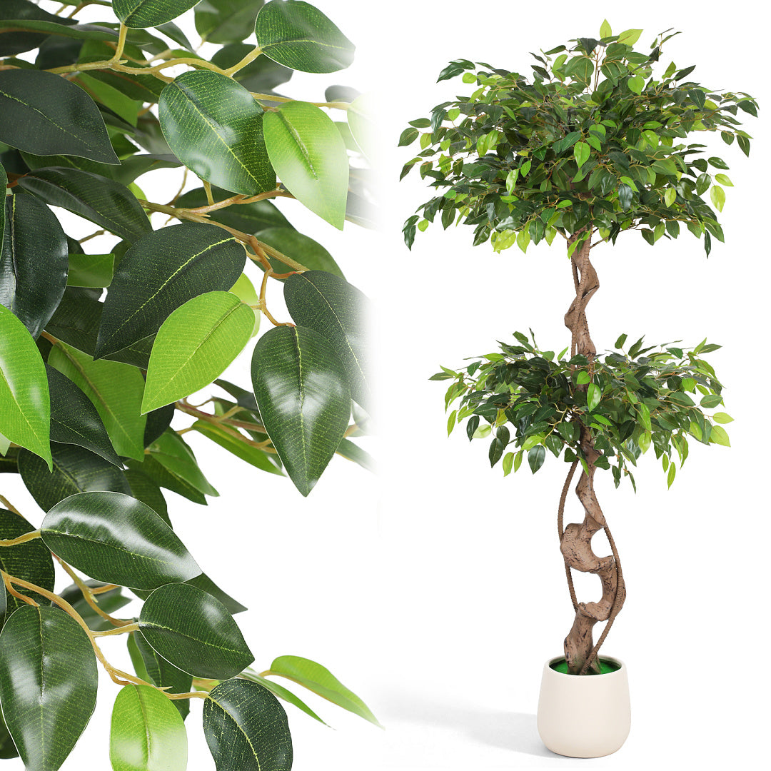 Randaco Künstlicher zweistufiger Ficus‑Baum mit weißem Topf dekorative Zimmerbegrünung für Innenräume 120 cm/150 cm