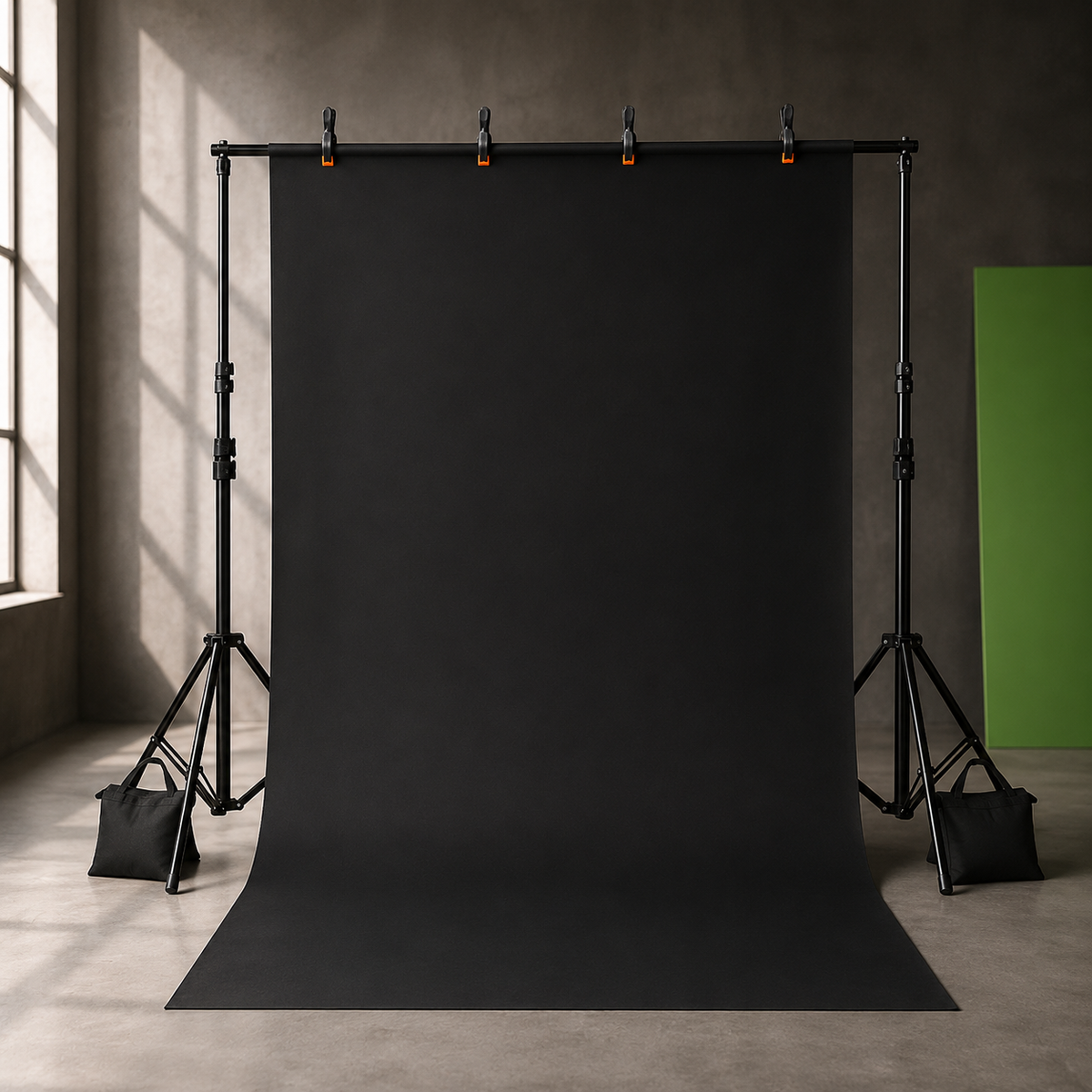 Randaco Verstellbares Fotostudio-Hintergrundset mit 3 Hintergrundtüchern – inkl. Klammern, Sandsäcken & Tragetasche