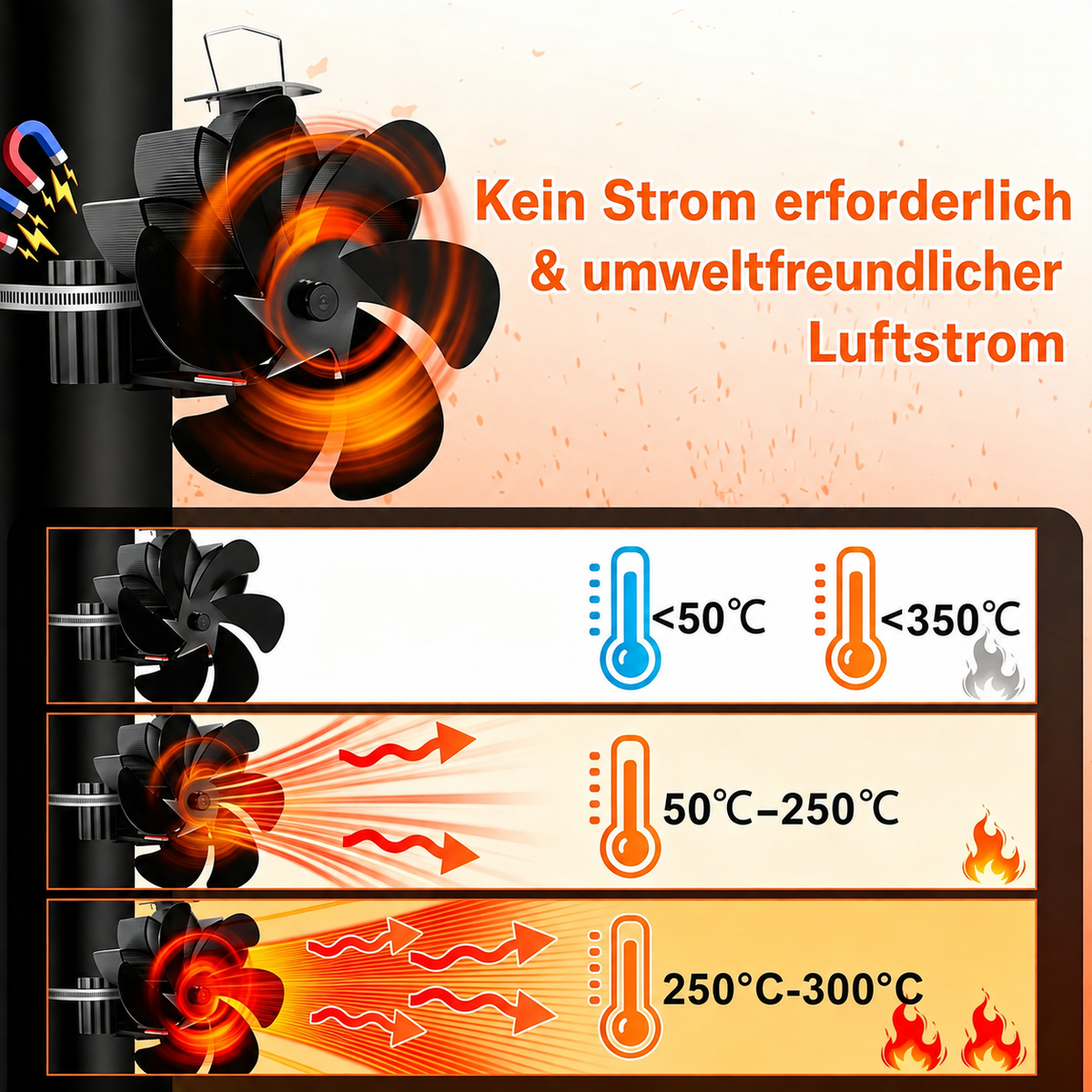 6-Blatt wärmebetriebener Magnet-Ofenventilator mit 2 Montageringen, leise 25 dB