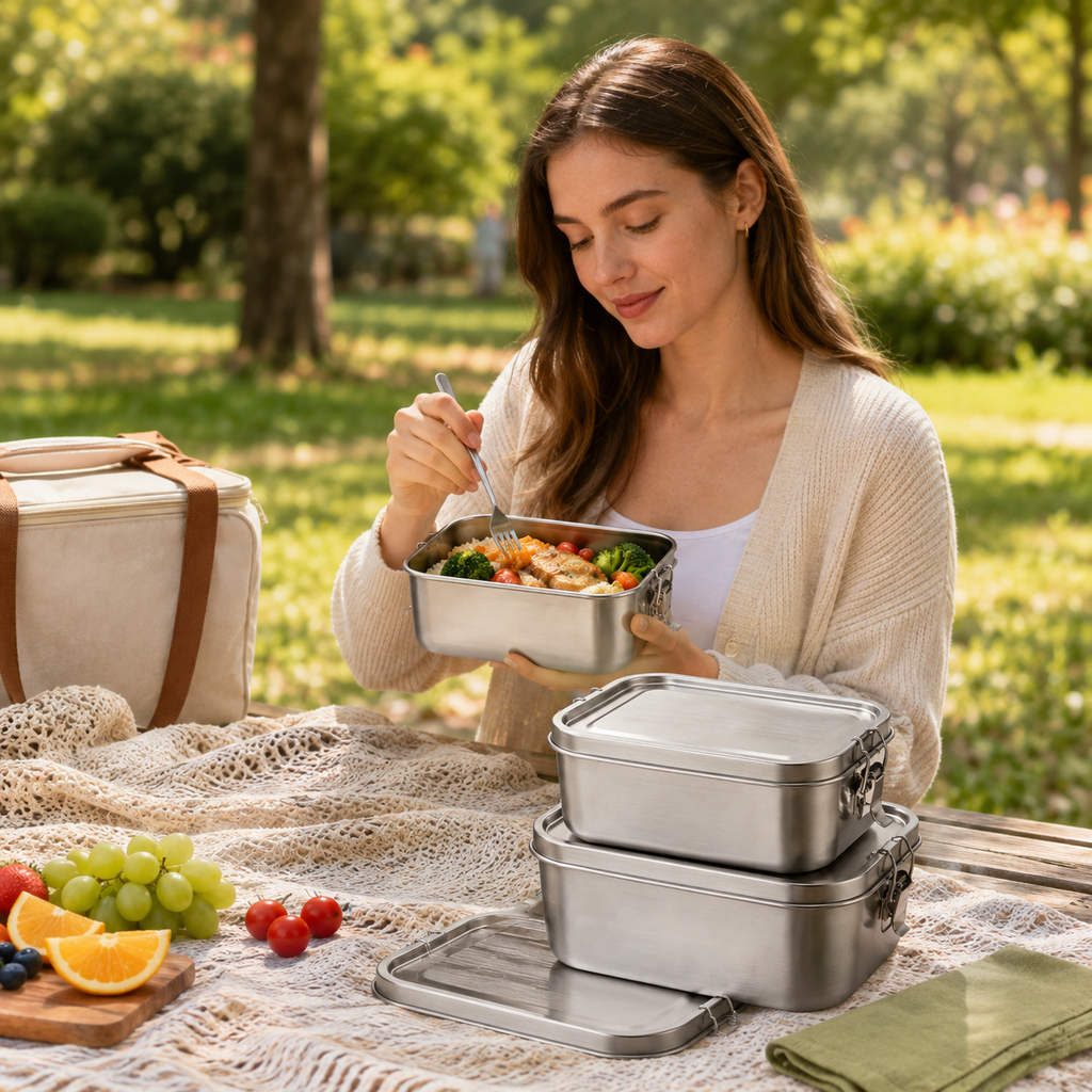 Randaco Edelstahl Bento-Box mit Fächern & Deckeln – auslaufsicher & stapelbar – 800/1200/1400 ml