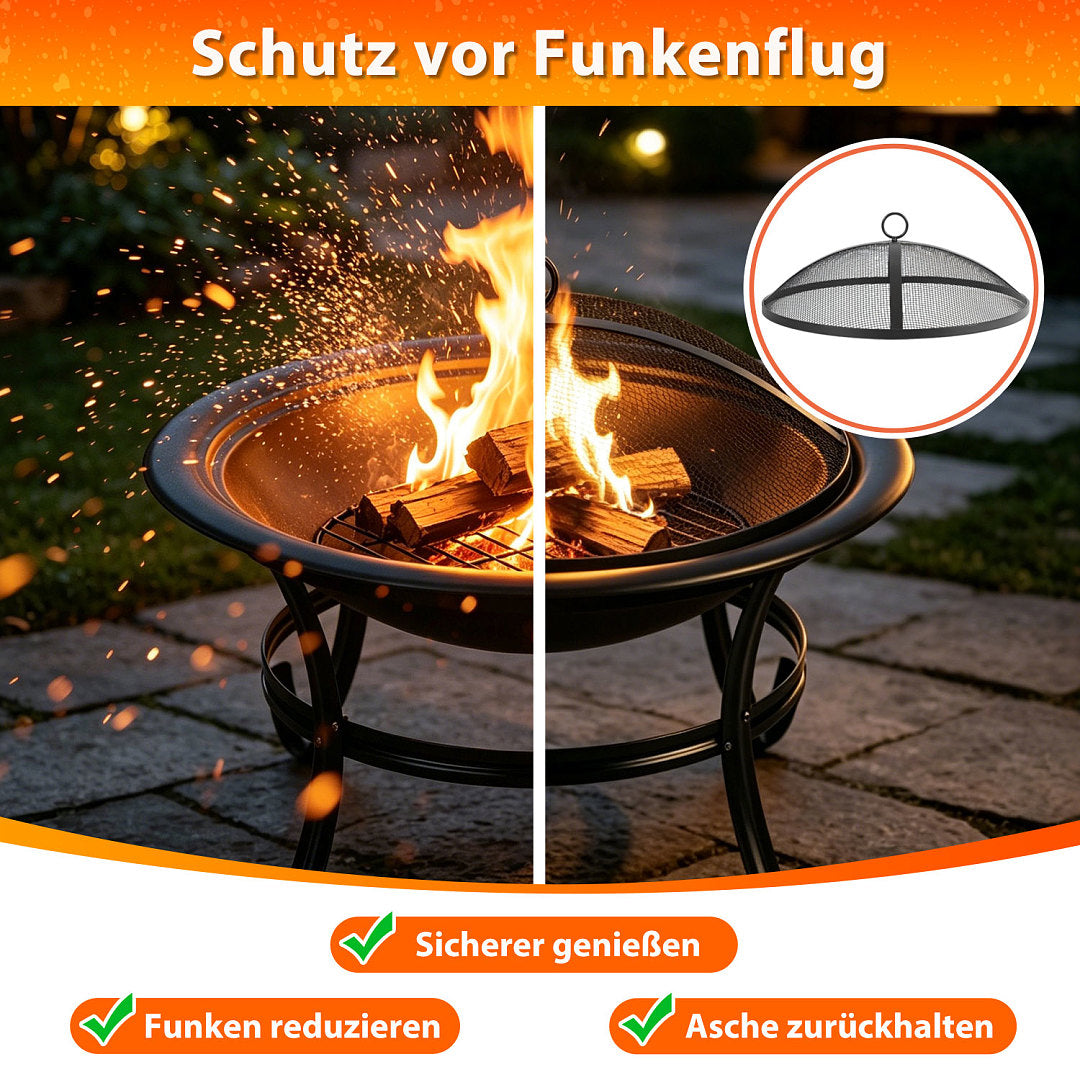 Randaco Holzfeuerschale 55 cm mit Funkenschutzgitter, Holzrost & Schürhaken – für Garten, Terrasse, Camping & Strand