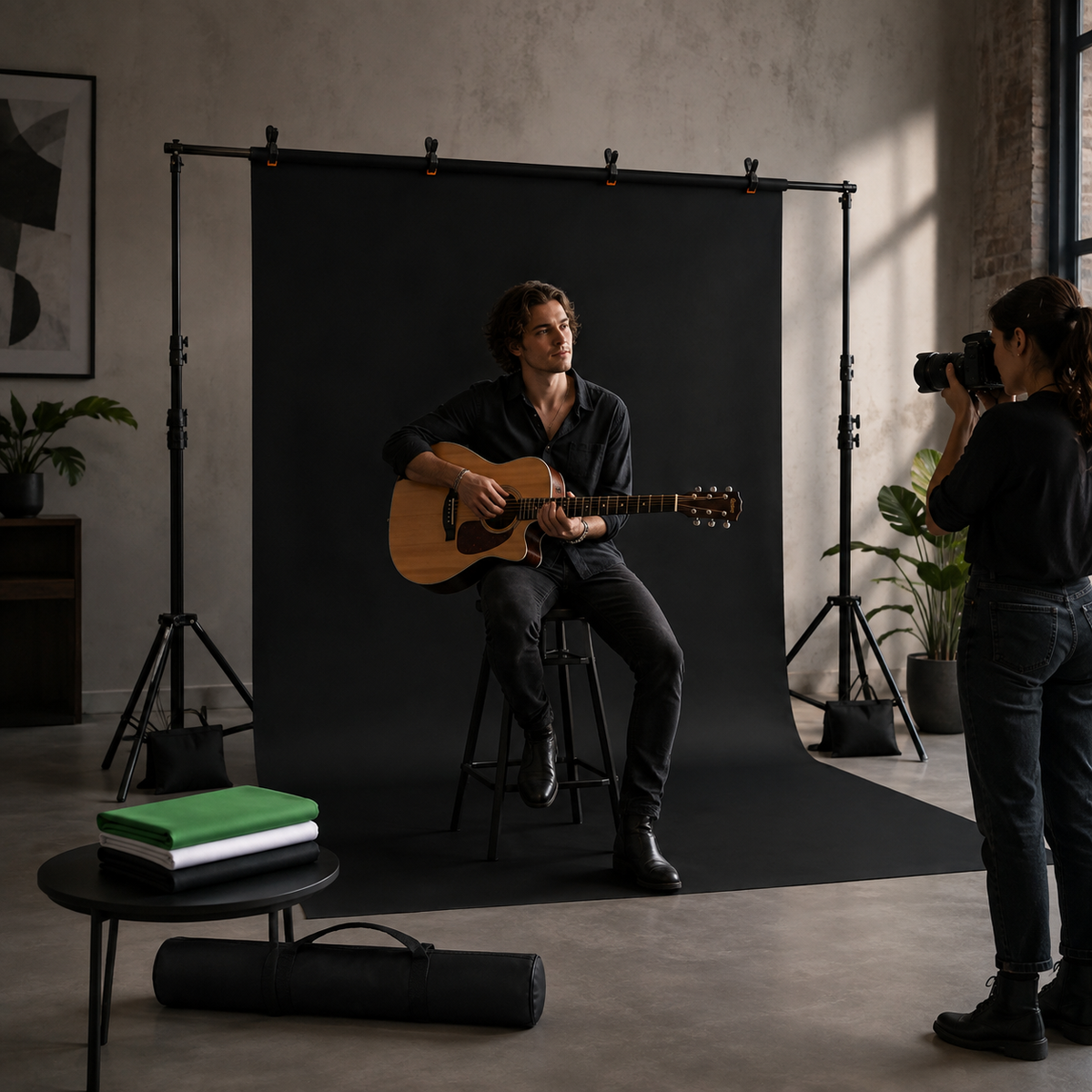 Randaco Verstellbares Fotostudio-Hintergrundset mit 3 Hintergrundtüchern – inkl. Klammern, Sandsäcken & Tragetasche