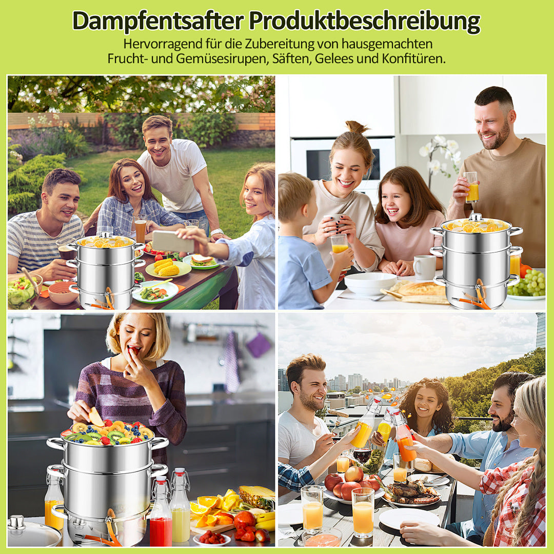 3-teiliger 8-Liter-Dampfentsafter aus Edelstahl mit 4 Bügelflaschen
