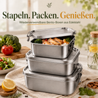 Randaco Edelstahl Bento-Box mit Fächern & Deckeln – auslaufsicher & stapelbar – 800/1200/1400 ml