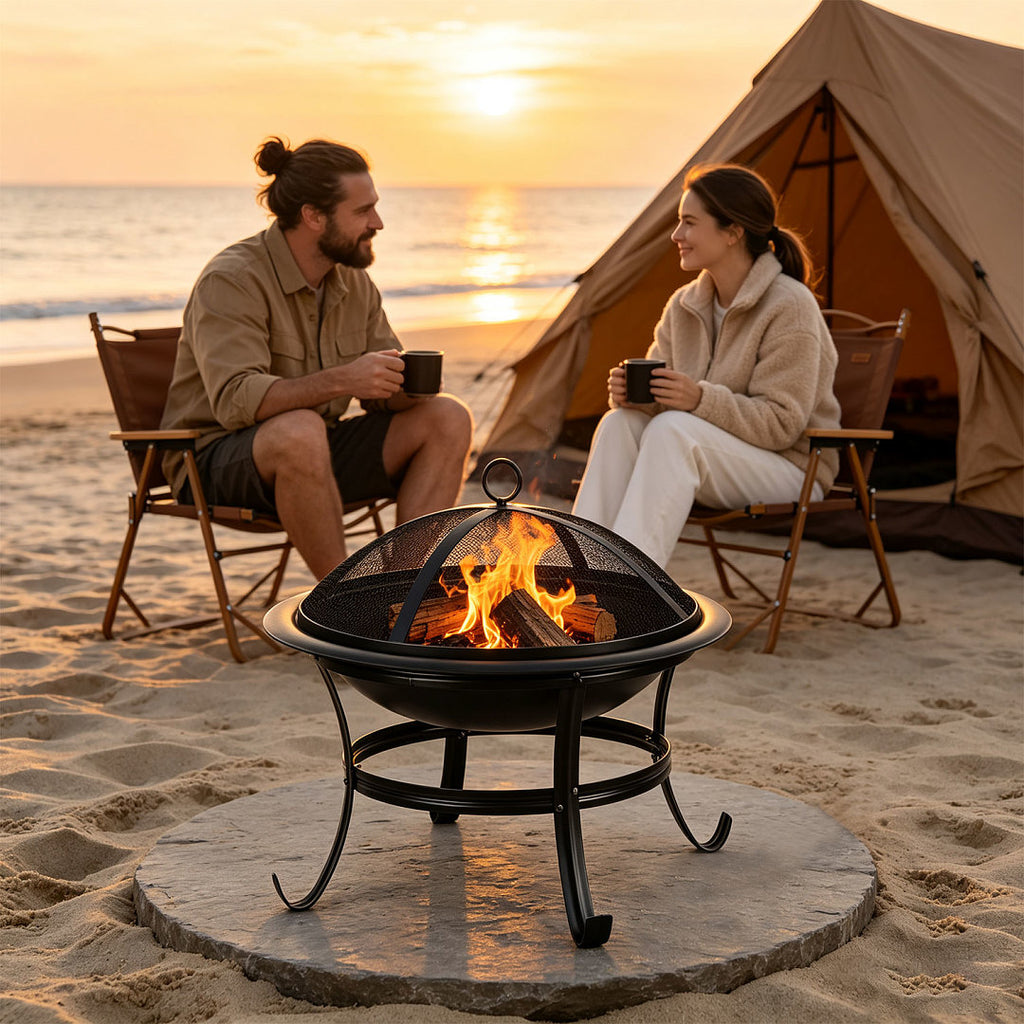 Randaco Holzfeuerschale 55 cm mit Funkenschutzgitter, Holzrost & Schürhaken – für Garten, Terrasse, Camping & Strand