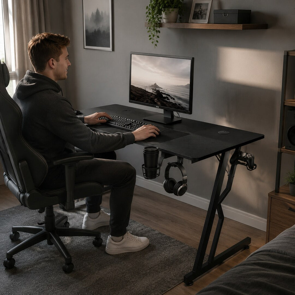 Randaco Gaming-Schreibtisch – Computertisch mit Z-Rahmen, Kohlefaser-Optik & Headset-Halter