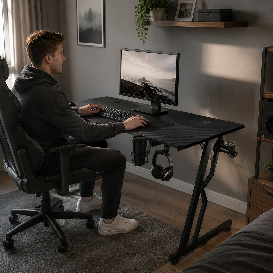 Randaco Gaming-Schreibtisch – Computertisch mit Z-Rahmen, Kohlefaser-Optik & Headset-Halter