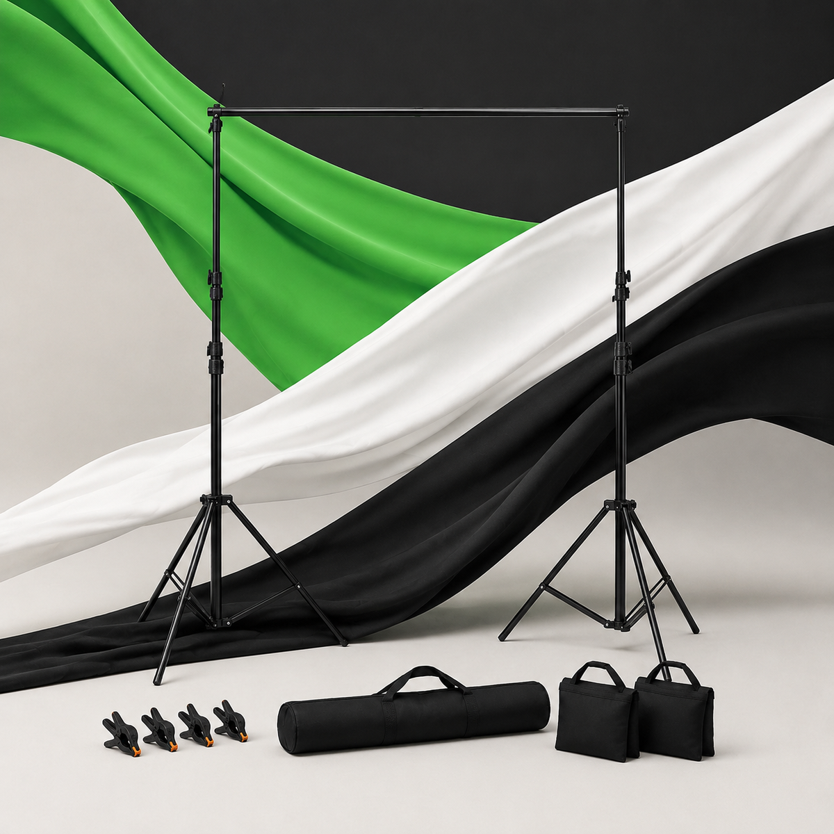 Randaco Verstellbares Fotostudio-Hintergrundset mit 3 Hintergrundtüchern – inkl. Klammern, Sandsäcken & Tragetasche
