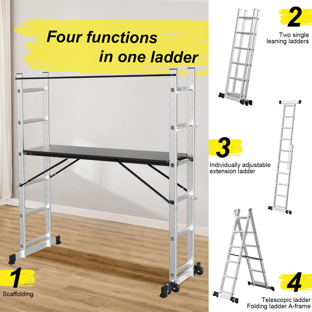 Randaco Gerüst 4‑in‑1 Mehrzweckleitern aluminium 6+6 Stufen mit Plattform & Rollen bis 150 kg belastbar