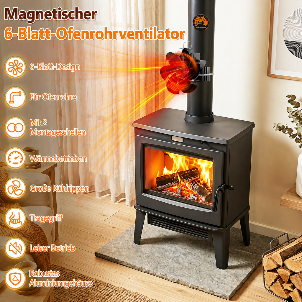 6-Blatt wärmebetriebener Magnet-Ofenventilator mit 2 Montageringen, leise 25 dB