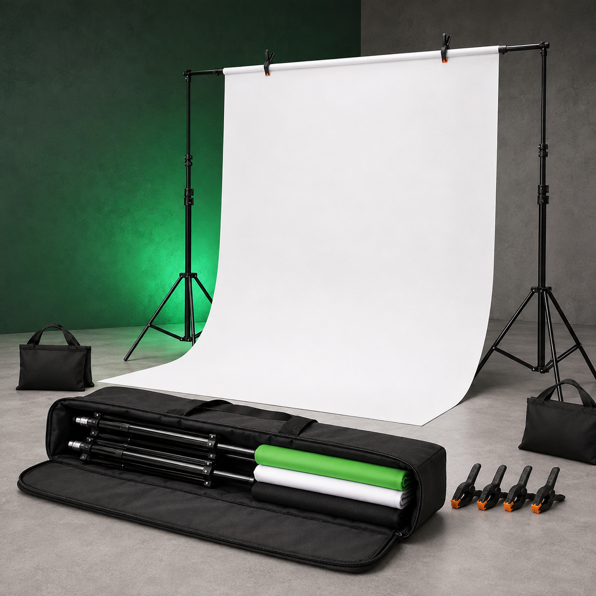Randaco Verstellbares Fotostudio-Hintergrundset mit 3 Hintergrundtüchern – inkl. Klammern, Sandsäcken & Tragetasche