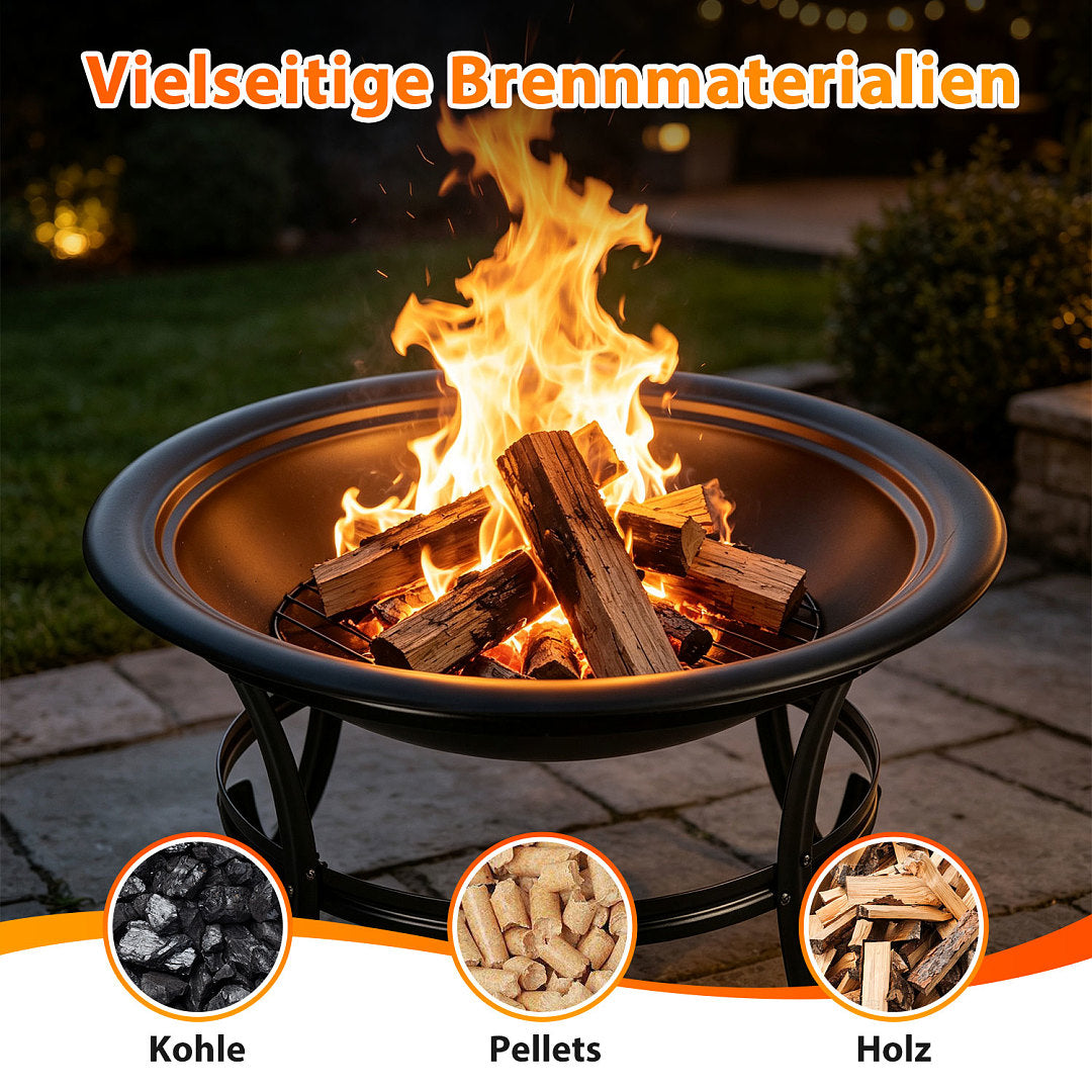 Randaco Holzfeuerschale 55 cm mit Funkenschutzgitter, Holzrost & Schürhaken – für Garten, Terrasse, Camping & Strand