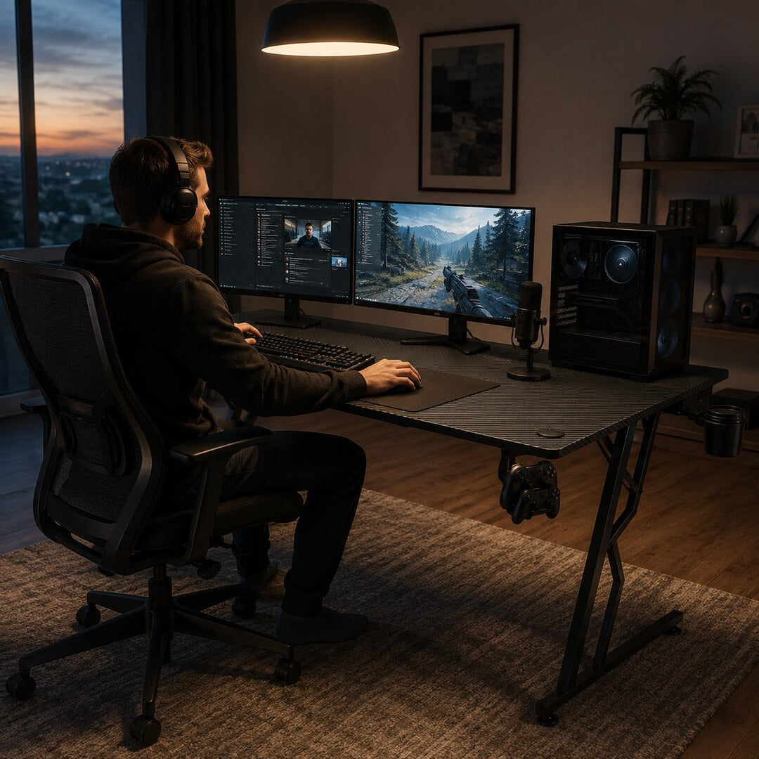 Randaco Gaming-Schreibtisch – Computertisch mit Z-Rahmen, Kohlefaser-Optik & Headset-Halter