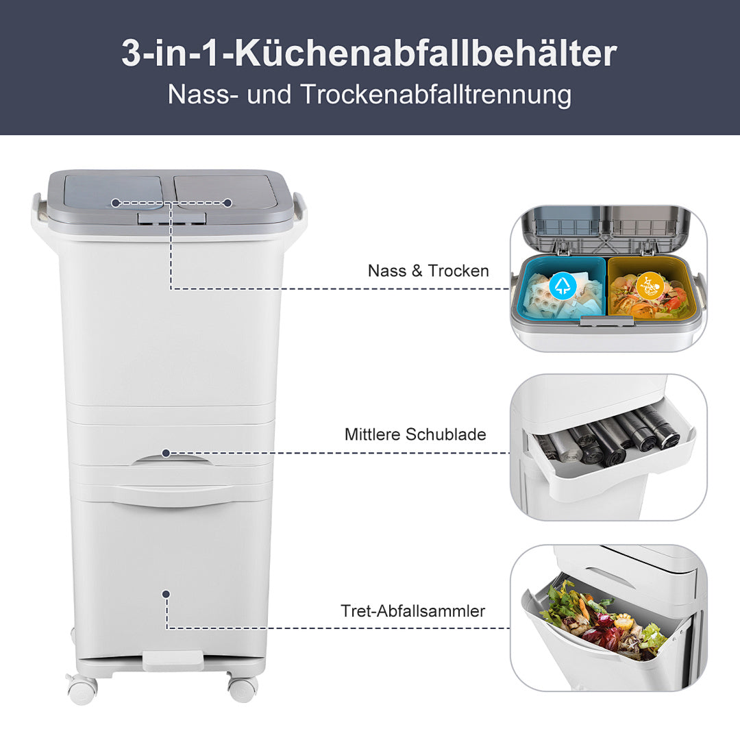 Randaco 42-Liter-Küchen-Mülleimer mit 3 Fächern – Trocken-/Nass-Trennung, Fußpedal, Rollen, Weiß