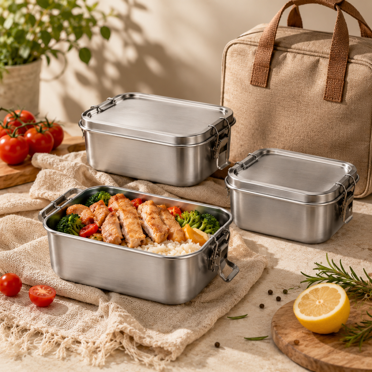 Randaco Edelstahl Bento-Box mit Fächern & Deckeln – auslaufsicher & stapelbar – 800/1200/1400 ml