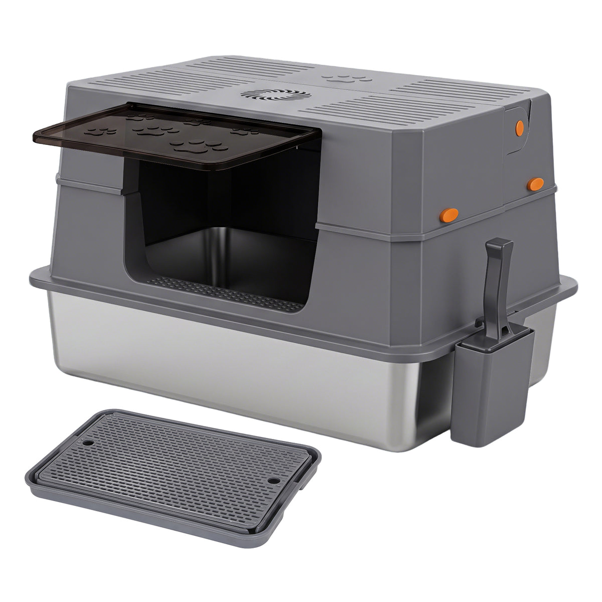 Randaco Edelstahl Katzenklo XXXL mit Klappdeckel 72.8 x 51 x 43 cm Halboffene Katzentoilette mit 90° Seitenklappe Aktivkohlefilter Schaufelhalter Trittmatte und herausnehmbarer Edelstahlwanne