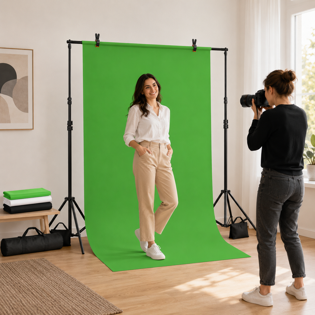 Randaco Verstellbares Fotostudio-Hintergrundset mit 3 Hintergrundtüchern – inkl. Klammern, Sandsäcken & Tragetasche