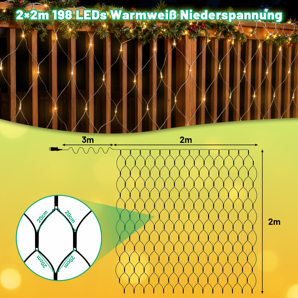 Randaco LED Netzleuchten außen 8 Lichtmodi mit Speicherfunktion 200 / 300 LEDs warmweiß mehrfarbig Festdekoration Lichternetz