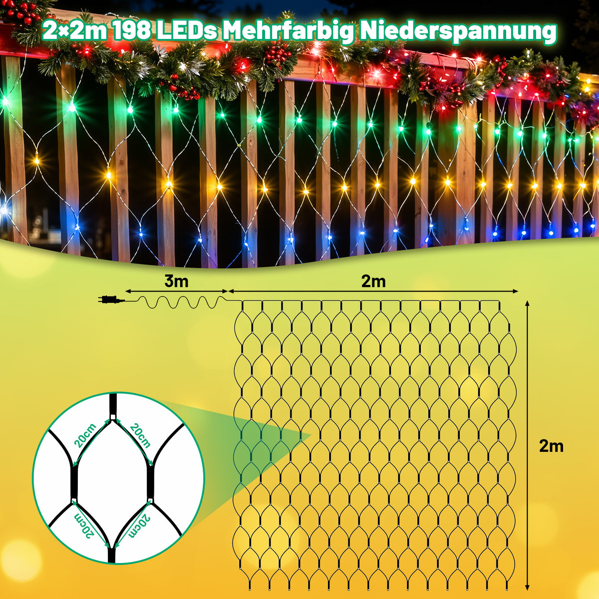 Randaco LED Netzleuchten außen 8 Lichtmodi mit Speicherfunktion 200 / 300 LEDs warmweiß mehrfarbig Festdekoration Lichternetz