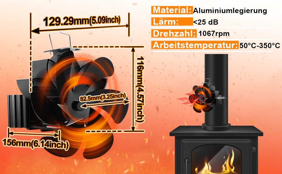 6-Blatt wärmebetriebener Magnet-Ofenventilator mit 2 Montageringen, leise 25 dB