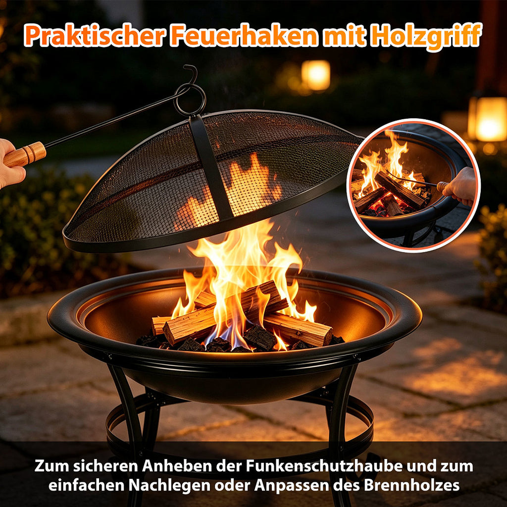 Randaco Holzfeuerschale 55 cm mit Funkenschutzgitter, Holzrost & Schürhaken – für Garten, Terrasse, Camping & Strand