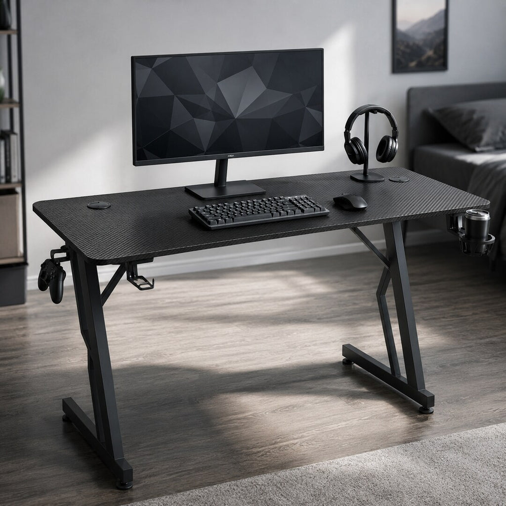 Randaco Gaming-Schreibtisch – Computertisch mit Z-Rahmen, Kohlefaser-Optik & Headset-Halter