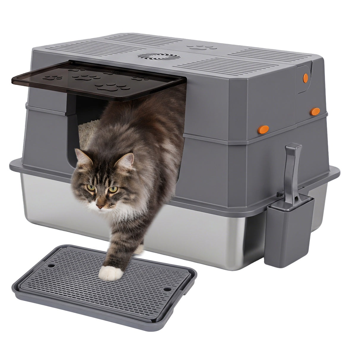 Randaco Edelstahl Katzenklo XXXL mit Klappdeckel 72.8 x 51 x 43 cm Halboffene Katzentoilette mit 90° Seitenklappe Aktivkohlefilter Schaufelhalter Trittmatte und herausnehmbarer Edelstahlwanne