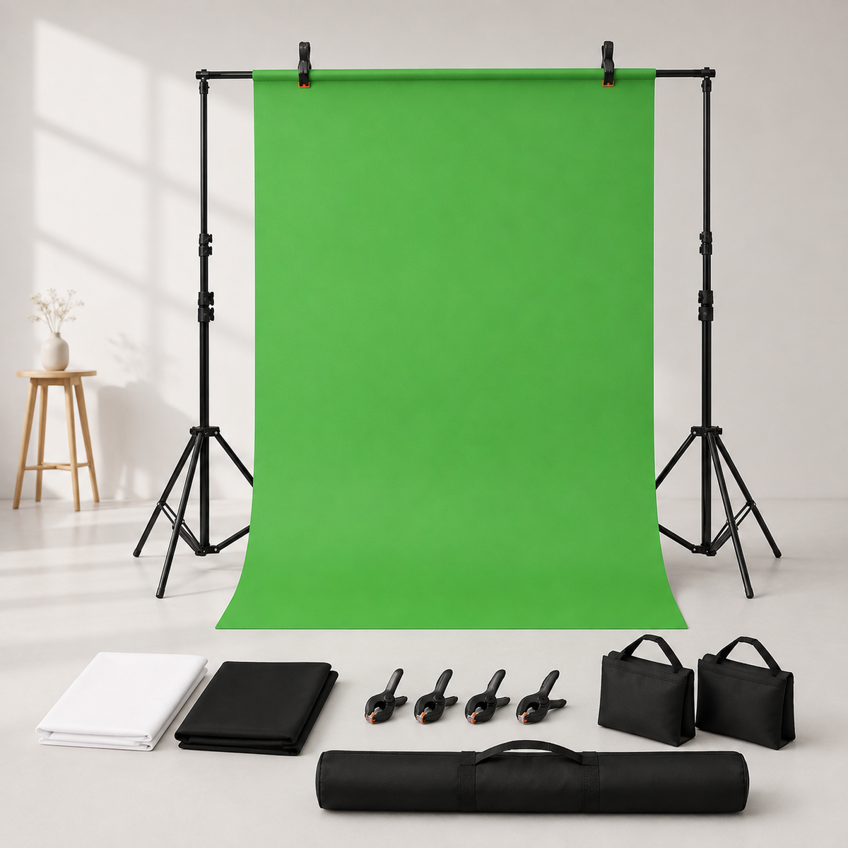 Randaco Verstellbares Fotostudio-Hintergrundset mit 3 Hintergrundtüchern – inkl. Klammern, Sandsäcken & Tragetasche