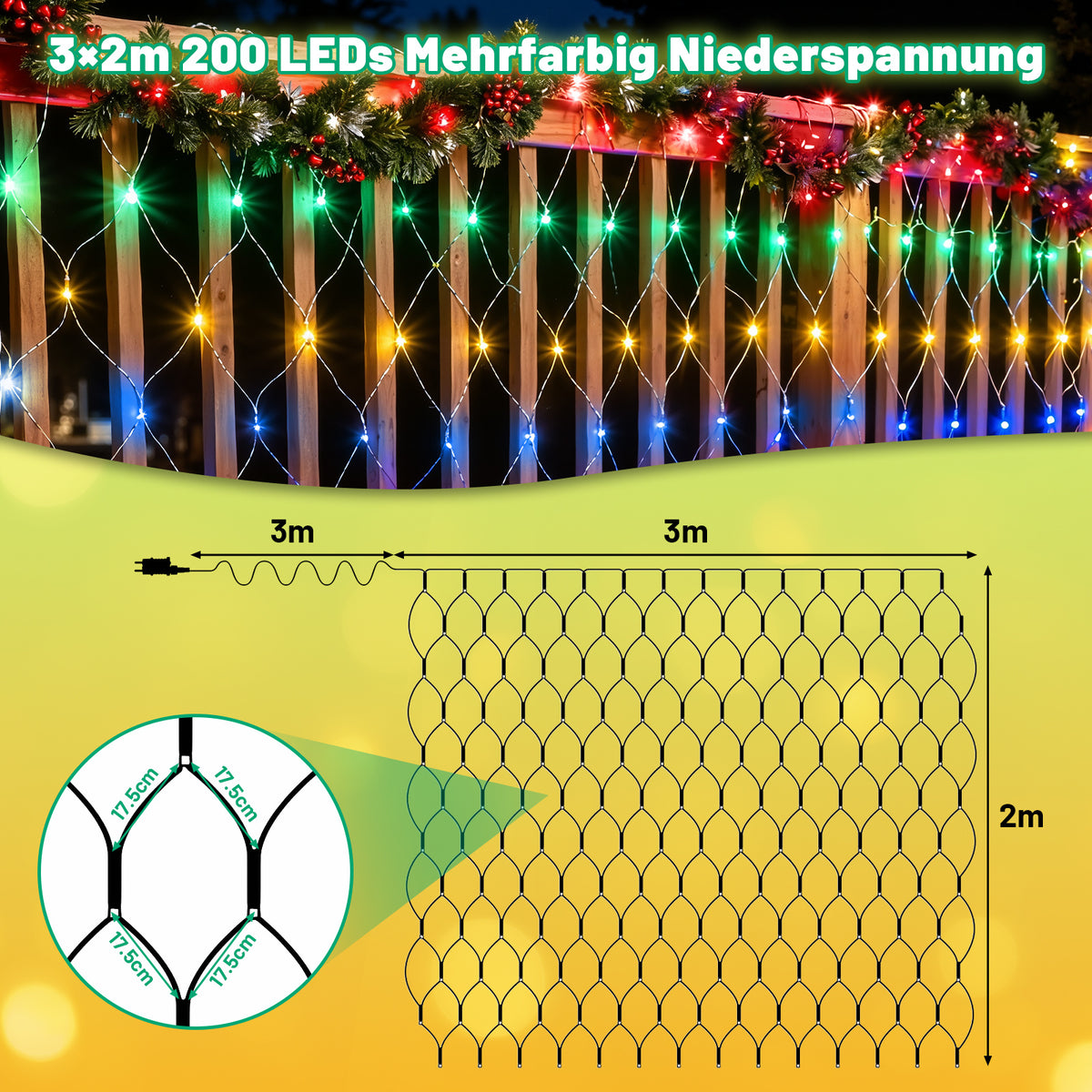 Randaco LED Netzleuchten außen 8 Lichtmodi mit Speicherfunktion 200 / 300 LEDs warmweiß mehrfarbig Festdekoration Lichternetz