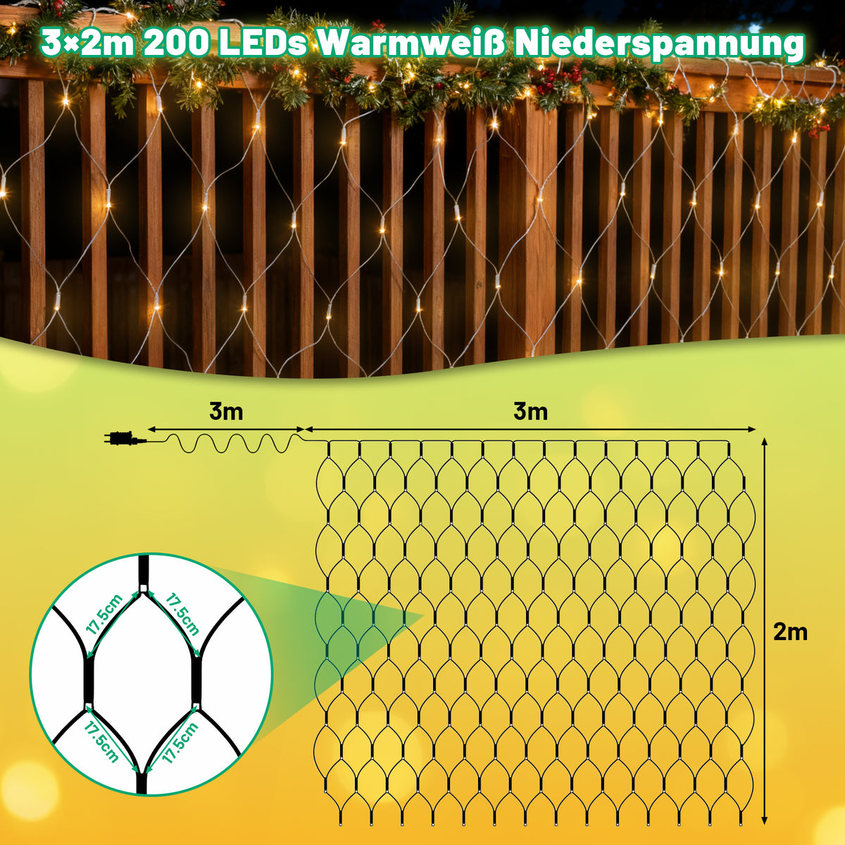 Randaco LED Netzleuchten außen 8 Lichtmodi mit Speicherfunktion 200 / 300 LEDs warmweiß mehrfarbig Festdekoration Lichternetz