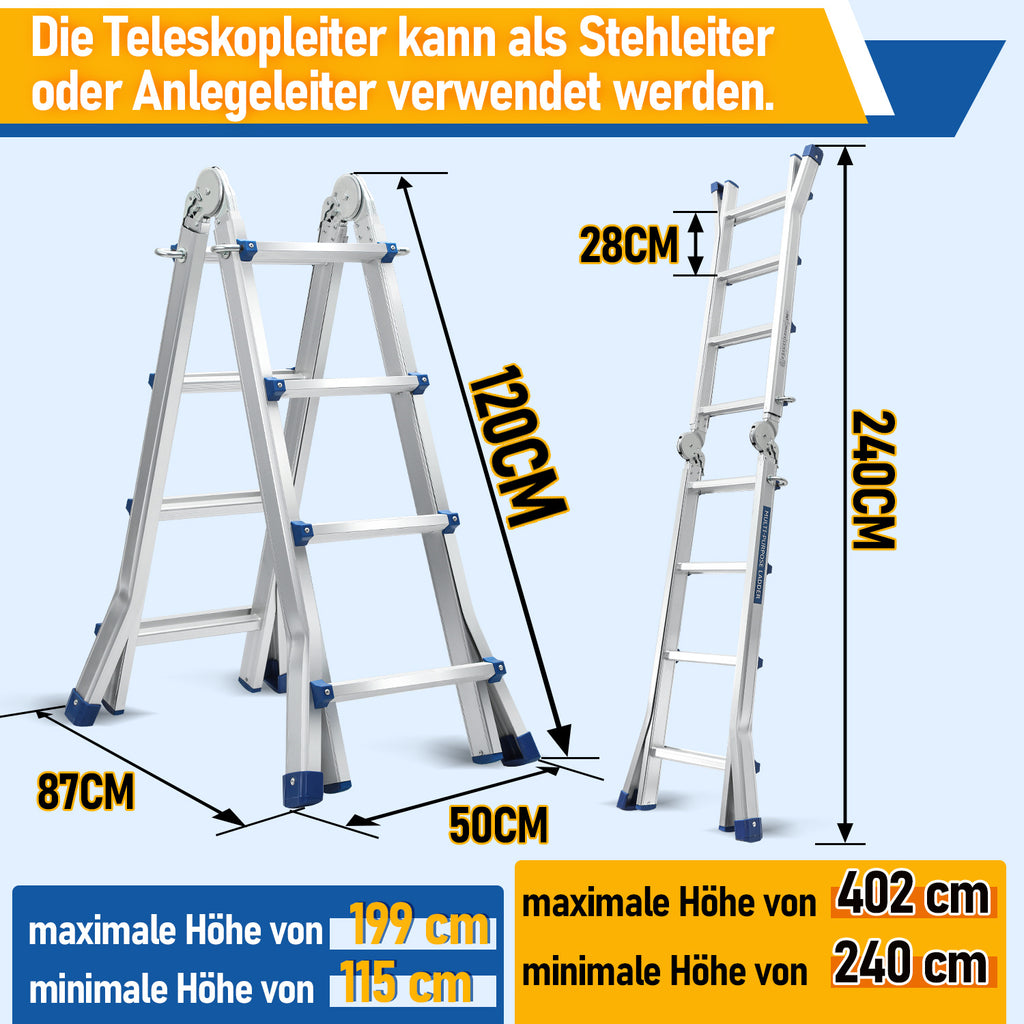 Randaco Teleskopleiter Aluminium Multifunktionsleiter 3 in 1 rutschfeste ausziehbare Mehrzweck‑Klappleiter bis 150 kg belastbar