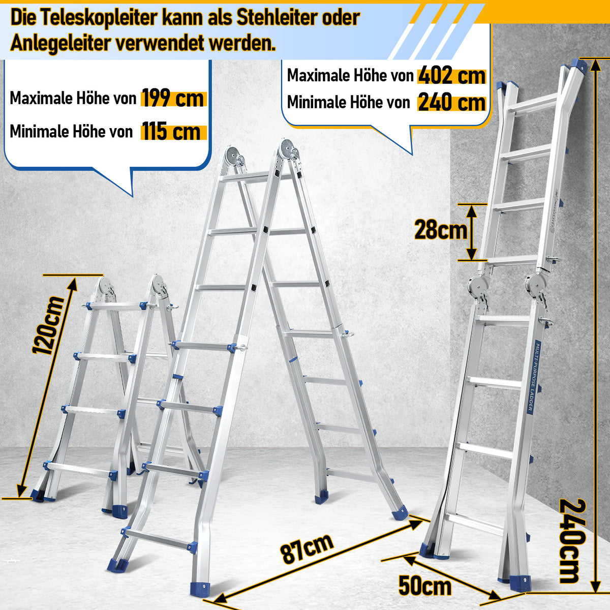 Randaco Teleskopleiter Aluminium Multifunktionsleiter 3 in 1 rutschfeste ausziehbare Mehrzweck‑Klappleiter bis 150 kg belastbar