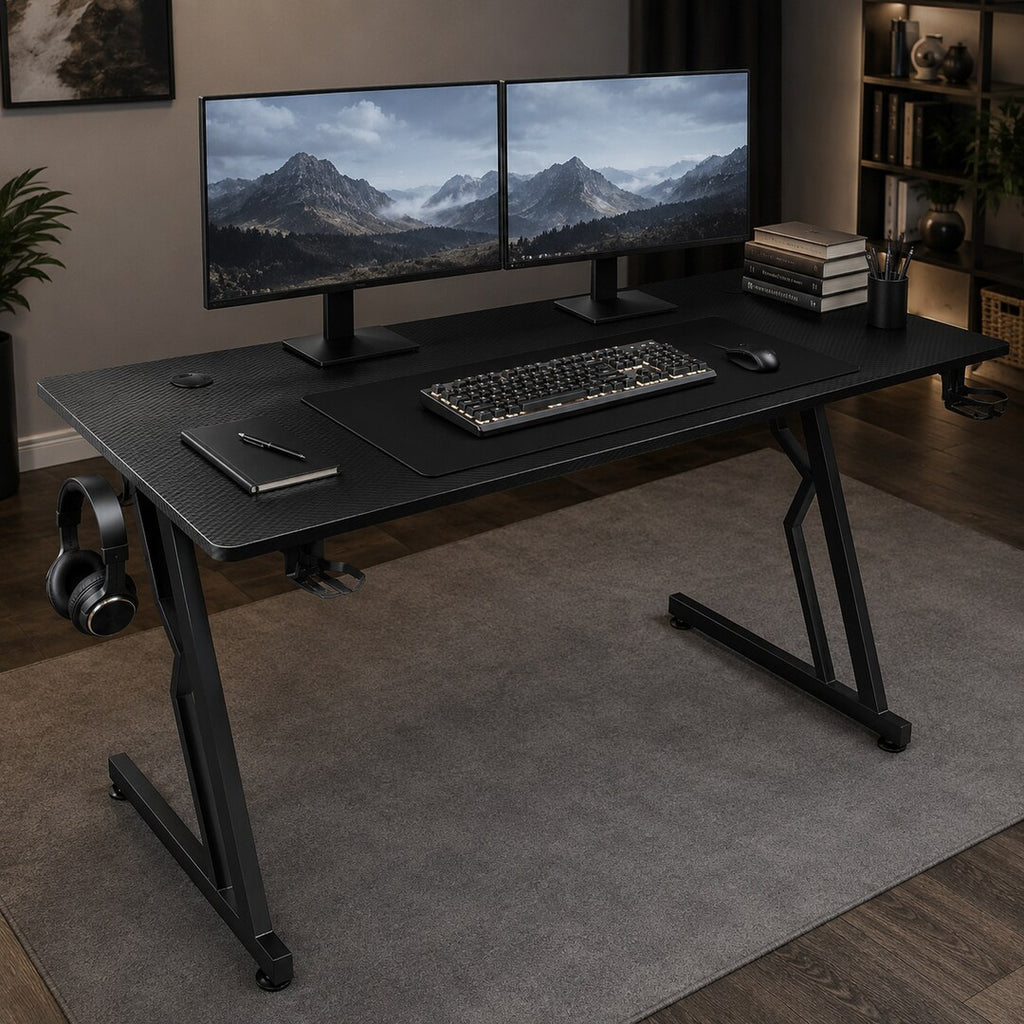 Randaco Gaming-Schreibtisch – Computertisch mit Z-Rahmen, Kohlefaser-Optik & Headset-Halter