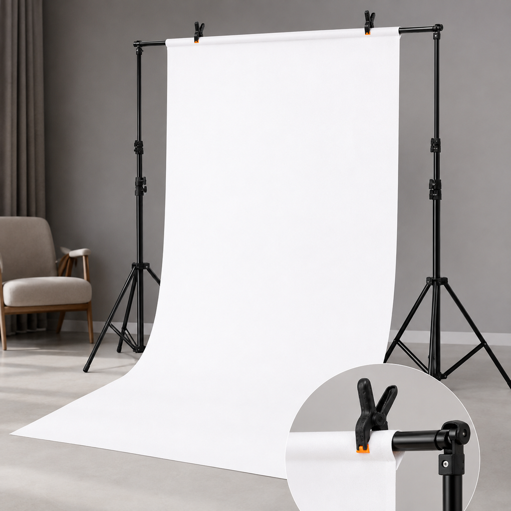 Randaco Verstellbares Fotostudio-Hintergrundset mit 3 Hintergrundtüchern – inkl. Klammern, Sandsäcken & Tragetasche