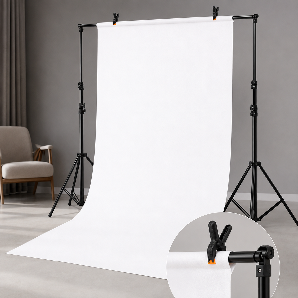 Randaco Verstellbares Fotostudio-Hintergrundset mit 3 Hintergrundtüchern – inkl. Klammern, Sandsäcken & Tragetasche