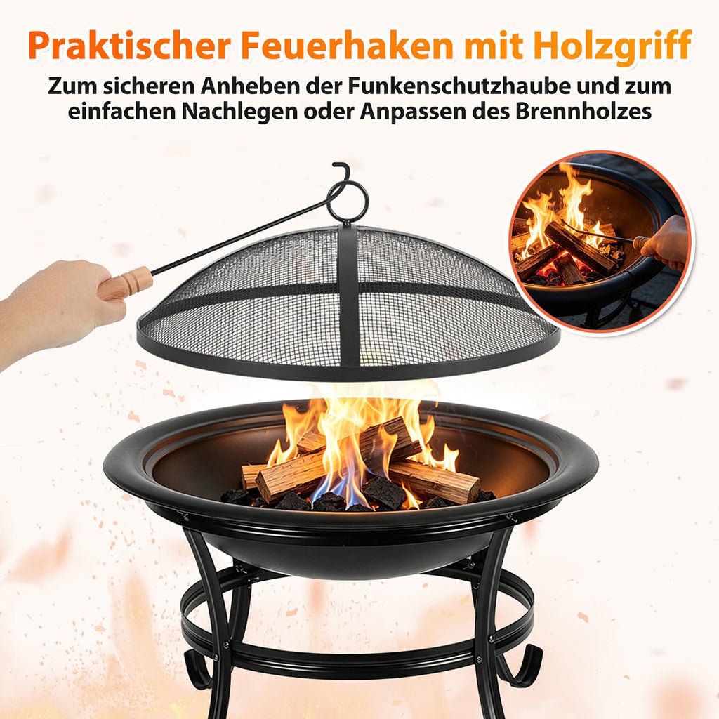 Randaco Holzfeuerschale 55 cm mit Funkenschutzgitter, Holzrost & Schürhaken – für Garten, Terrasse, Camping & Strand