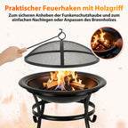 Randaco Holzfeuerschale 55 cm mit Funkenschutzgitter, Holzrost & Schürhaken – für Garten, Terrasse, Camping & Strand