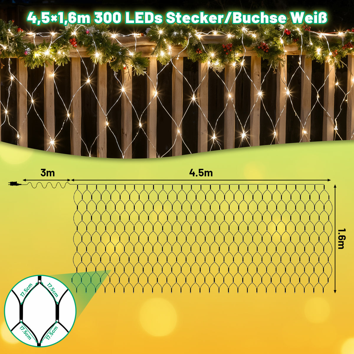 Randaco LED Netzleuchten außen 8 Lichtmodi mit Speicherfunktion 200 / 300 LEDs warmweiß mehrfarbig Festdekoration Lichternetz