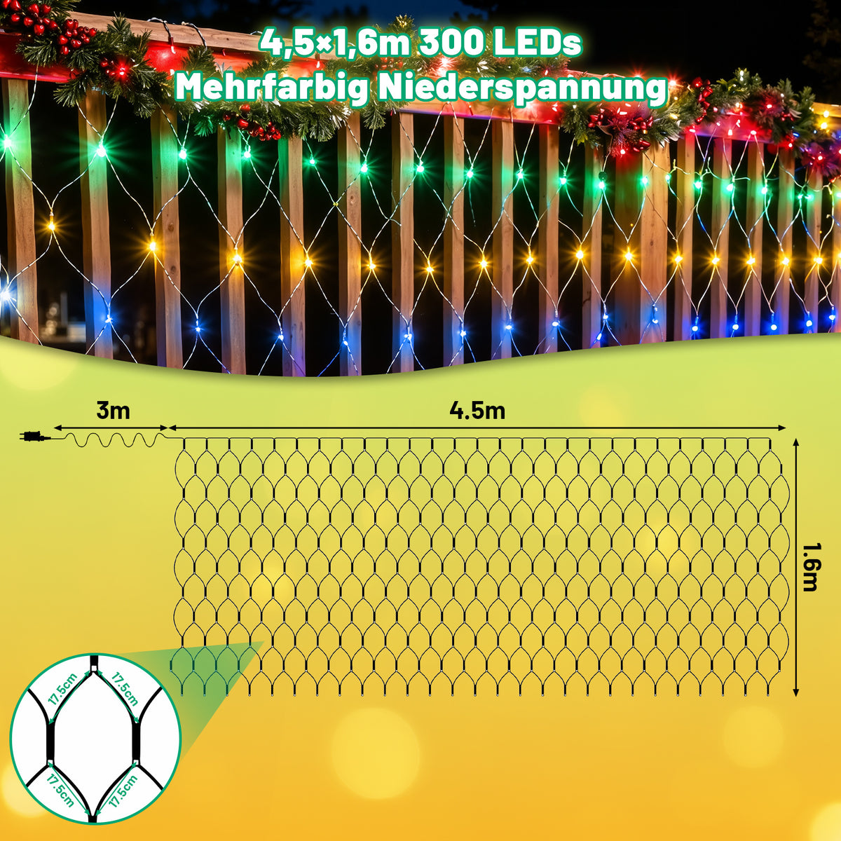Randaco LED Netzleuchten außen 8 Lichtmodi mit Speicherfunktion 200 / 300 LEDs warmweiß mehrfarbig Festdekoration Lichternetz