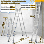 Randaco Teleskopleiter Aluminium Multifunktionsleiter 3 in 1 rutschfeste ausziehbare Mehrzweck‑Klappleiter bis 150 kg belastbar