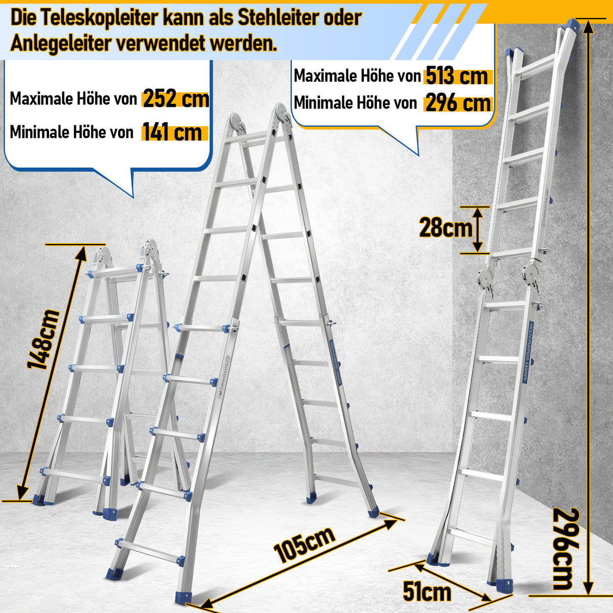 Randaco Teleskopleiter Aluminium Multifunktionsleiter 3 in 1 rutschfeste ausziehbare Mehrzweck‑Klappleiter bis 150 kg belastbar