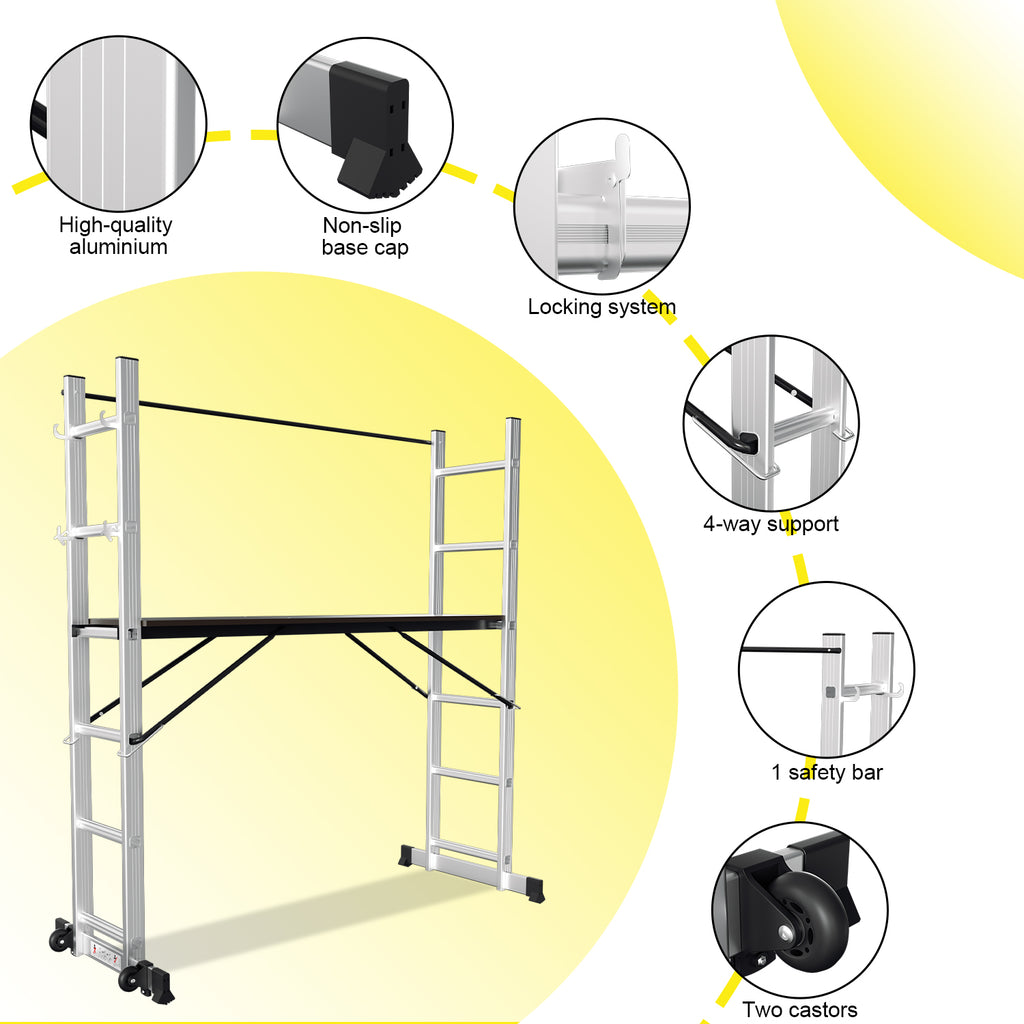 Randaco Gerüst 4‑in‑1 Mehrzweckleitern aluminium 6+6 Stufen mit Plattform & Rollen bis 150 kg belastbar