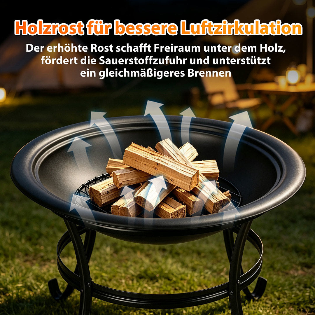 Randaco Holzfeuerschale 55 cm mit Funkenschutzgitter, Holzrost & Schürhaken – für Garten, Terrasse, Camping & Strand