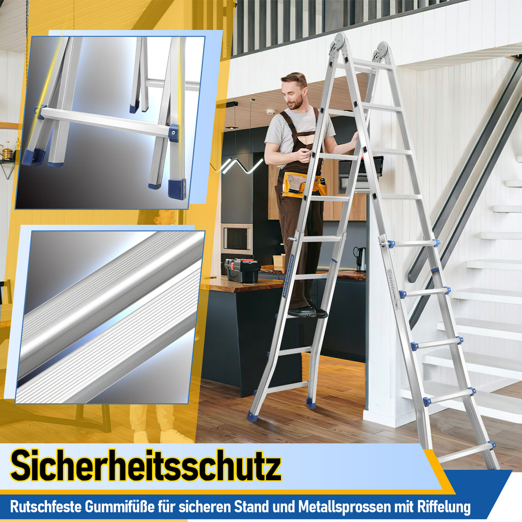 Randaco Teleskopleiter Aluminium Multifunktionsleiter 3 in 1 rutschfeste ausziehbare Mehrzweck‑Klappleiter bis 150 kg belastbar