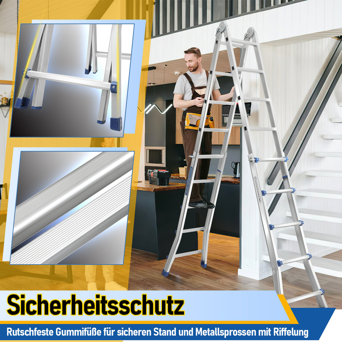 Randaco Teleskopleiter Aluminium Multifunktionsleiter 3 in 1 rutschfeste ausziehbare Mehrzweck‑Klappleiter bis 150 kg belastbar